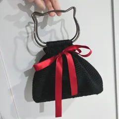 糸の魔法 巾着バッグ　編み物　黒猫