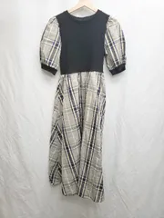 ◇ ⊂ to blossom　トゥーブロッサム チェック　ドッキング 半袖 膝下 ワンピース サイズM ベージュ レディース P  【1409250015618】