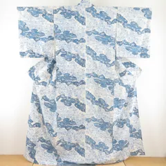 小紋 雲取りに菊文様 単衣 広衿 白色 青色 正絹 仕立て上がり カジュアル着物 身丈161cm