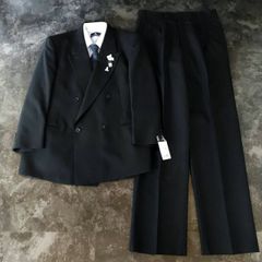 【JAPANESE VINTAGE】5点セット 未使用 セレモニー ダブルスーツ セットアップ 上下 ブラック系 Sサイズ相当 成人式 卒業式 結婚式（ユーロピンズ＆シャツ＆ネクタイ おまけ）No.37