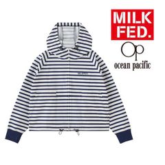 ミルクフェド 水着 ラッシュガード パーカー MILKFED OP RASH GUARD ZIP HOODIE 103252012001 レディース 紺 紺色 ネイビー ボーダー オーシャンパシフィック  ジップアップパーカー フーディ プール UVカット