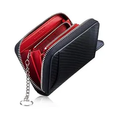 小銭入れ メンズ 本革 コインケース ミニ財布 8カード入れ キーリング付き 財布 コンパクト 小さい財布 カーボンレザー (ブラック×レッド)