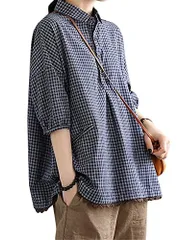 Size:M_Color:ネイビー [ＪＱＢＦＬ] 半袖 シャツ レディース チェック柄 ブラウス 夏 リネン 綿麻シャツ ゆったり 大きいサイズ カジュアル カットソー 夏物 トップス プルオーバー 体型カバー(Rネイビー)
