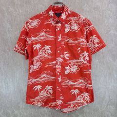 LANDS'END ランズエンド 薄手 ハイビスカス 総柄 ヤシの木胸ポケット レッド 赤 M アロハシャツ