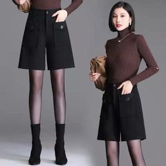 ハイウエスト レディース 秋冬 ウールタッチ 膝上丈パンツ ショートパンツ 五分丈 美脚 ハーフパンツ キレイめ キュロットパンツ 短パン ウール調 カジュアル ゆったり ショートパンツ 着痩