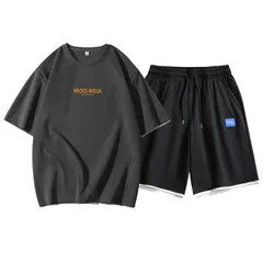 上下セット メンズ ルームウェア 夏 半袖 Tシャツ ショートパンツ クルーネック 通気性 軽量 セットアップ スポーツウェア トレーニングウェア 運動着 ランニング ジョギング qcwkk09 qcwkk09