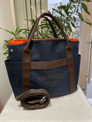 【新品同様品】HERMES エルメス 2WAYバッグ サックドパンサージュ グルーム ネイビー×オレンジ トワルシェブロン×レザー シルバー金具 Y刻印 中古 トート ショルダー ハンドバッグ レディース 女性用 ブランド 本革 レザ　カーフ 希少 レア