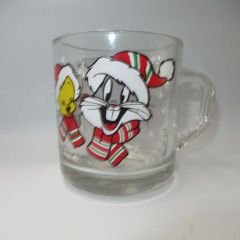 90's 1994 Looney Tunes Tweety Bugs Bunny Christmas Glass Mug Cup Figure Doll Plush Toy