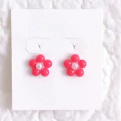No.101　レジン　コーラルピンク　お花　レトロ　丸型　ぷっくり　ピアス　イヤリング
