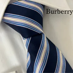 《訳アリ》Burberry (バーバリー) シルクネクタイ 総柄 レジメンタルストライプ 紺 青 水色 ベージュ