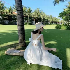 ワンピース ノースリーブ ロング丈 フレアギャザー リゾート 旅行 スクエアネック 無地大人 Aライン バック蝶リボン ロングワンピース 白