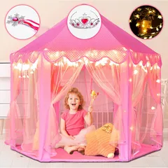 【新着商品】キッズテント 女の子のおもちゃハウス 可愛い子供用テントハウス プリンセスの城型 折り畳み式 キラキラLEDスターライト付き 知育玩具 秘密基地 室内遊具 簡単に組立 お誕生日 出産祝い クリスマスプレゼント おままごと Monobeach (ピン