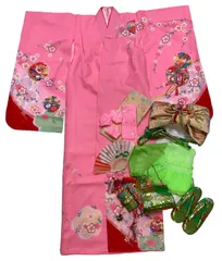 【大特価　新品】M-64＊　高級　豪華着物16点セット　フルセット　七五三　7歳　七歳　女の子　女児　長襦袢　着物　結び帯　バック　草履　お宮参り　お正月　ひなまつり　ピンク　黄緑色　緑　さくら　桜　鞠　衣装　記念写真　きもの　和装　小物