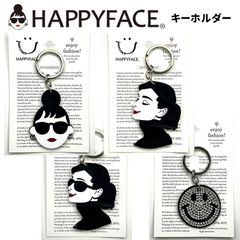 ハッピーフェイス happyface キーホルダー ストラップ シルバー かわいい おしゃれ キーホルダー ホワイト ブラック モノトーン モノクロ シンプル ワンポイント チャーム 大きめ エマ レディース エマちゃん
