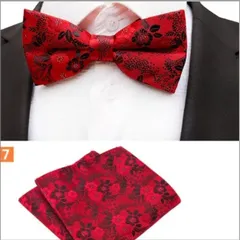 蝶ネクタイ ポケットチーフ　2点セット 花柄 結婚式　発表会　パーティー　イベント　ダンスパーティー　入学式　入社式　卒業式　レッド　ブラック色　スーツ　ワイシャツ　格安　小物　ワンタッチ　メンズネクタイ ハンカチ　2点　セット