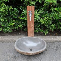 天然石 洗面ボウル リバーストーン M 44X33 立水栓水受け皿 シンク 洗面ボール 庭 ガーデン 手洗い鉢 河石 DIY 排水栓付き 250961
