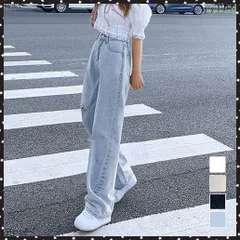 デニムストレートパンツ ダメージジーンスレディース ゆったり デニムワイドパンツ ハイウエスト ジーパン オシャレ カジュアルロングパンツ 脚長ボトムス 春秋夏ストリートデニム ヴィンテージデニム セミワイドデニム