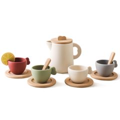 【大人気】Wooden Teether アフタヌーンティーセット おもちゃ おままごと 木のおもちゃ シリコン製 お茶会 ティーセット ティートレイセット ごっこ遊び コミュニケーション能力アップ 知育玩具 出産祝い 入園祝い 親子遊び 保育所・児童館用品 誕
