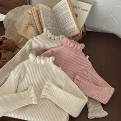 インナー ニット子供服 キッズ 長袖 トップス Tシャツ ネックフリル 女の子 キッズファッション ハイネック フリル袖口 女の子 無地 シンプル 可愛い カジュアル 冬 フリル 学校 遠足 修学旅行 普段着 家着lanmm02