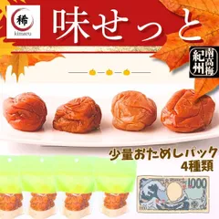 送料無料　訳あり　少量パック千円ポッキリ！　味が試せる４種セット　チャック付き　紀州南高梅　はちみつ梅　しそ梅　減塩はちみつ梅　かつお梅　梅干し　うめぼしのサムネイル