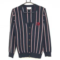 【美品】ジャックバニー カーディガン ネイビー×白 ストライプ柄 ロゴワッペン ウール混 メンズ 5(L) ゴルフウェア Jack Bunny