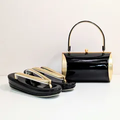 和装 草履バッグセット 振袖用 エナメル 黒×金 フリー/LLサイズ w18-4