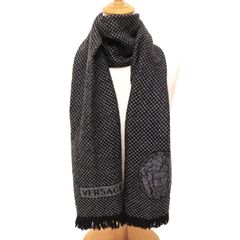 ヴェルサーチ マフラー ストール スカーフ フリンジ ロゴ チェック ウール 黒 ブラック black グレー チャコールグレー VERSACE