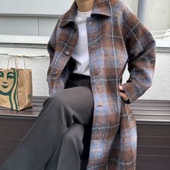 【ラスト1点】メンズ　チェック柄ウールコート　フラップダウンカラー　オーバーコート　ロングジャケット　韓国　韓国ファッション　アウター　XLサイズ