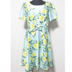 美品 M'S GRACY エムズグレイシー フラワープリント 花柄 フロントリボン 半袖 ひざ丈 フレア ワンピース ドレス 38 ライトブルー系 レディース 古着 中古 USED