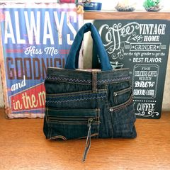 82☆USED黒デニムリメイク トートバック カラフルステッチ サブバック ランチバック☆