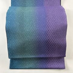袋帯 美品 秀品 夏帯 市松模様 幾何学模様 ぼかし 紫 全通 正絹 【中古】