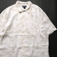 90's ランズエンド 100% リネン アロハシャツ (L) 白×カーキ系 総柄 ボックスシャツ ハワイアン 90年代 旧タグ オールド LANDS'END　アメリカ古着 USED  ビンテージ ヴィンテージ