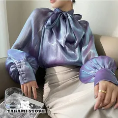 ボウタイブラウス トップス レディース 長袖 春秋 シアートップス ハイネック スタンドカラー バルーン袖 ボリューム袖 光沢 春 秋 韓国 ファッション