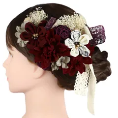 髪飾り 成人式 つまみ細工 赤 ワインレッド 紫 オフホワイト アイボリー グレー ゴールド 振袖 前撮り 袴 花 ちりめん 房 組紐 No.9-5440