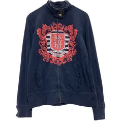 TOMMY HILFIGER プリントスウェット トレーナー S ネイビー トミーヒルフィガー フルジップ 古着卸 アメリカ仕入 a701-6093