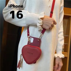 【iPhone16】韓国  赤 ハートポーチ付 ショルダー 小物入れ ケース