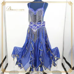 【ベリーダンス用 オリエンタル衣装】ブルー スパンコールラメ ビーズ フリル 青 シルバー 爽やか 豪華 3点セット ゴールド セットアップ 上下セット 銀色 ゴージャス トップス スカート ベルト ロング ブラトップ レディース 女性用 綺麗 きれいめ 派手