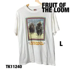FRUIT OF THE LOOM 半袖Tシャツ ホワイト L ビッグプリント アニマル ヘビーコットン クルーネック 春夏 古着 TK11240