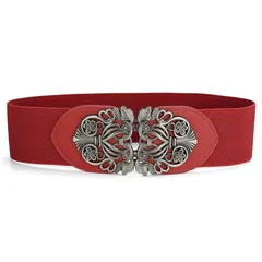 【新品】 [uxcell] ベルト ワイド 弾性 ビンテージ ハイ 伸縮性 レトロ ウエスト ベルト バックル付き 女性用 レッド ウェスト61-91cm 1