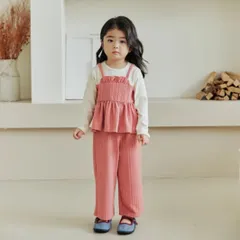 ペプラム　サロペット風 上下セット 女の子  かわいい　おしゃれ　長袖　ピンク　ブラック　重ね着風　  トップスとパンツ　ペプラム　 韓国子供服　新品未使用   90