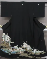 【一輝堂】【着物】 黒留袖 作家物 鶴に松 流水文 五つ紋 比翼仕立て 身丈約160cm 裄丈約62cm 25z01-305