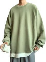 Four leaf メンズ トレーナー 長袖 トップス フェイクレイヤード 重ね着風 スウェット 無地 シンプル カジュアル 秋冬 おしゃれ プルオーバー コーデ(グリーン,  Free Size)