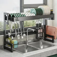 【訳あり特価品★展示品に付きお買い得価格★】SVOHZAV 水切りラック 食器 シンク上 横置き 水切りかご シンク上１段伸縮式 62〜92cm ブラック