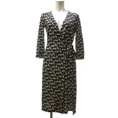 ダイアンフォンファステンバーグ DIANE von FURSTENBERG 美品 カシュクールワンピース ラップドレス ベルテッド 長袖 総柄 アニマル柄 黒 ブラック 茶 ブラウン 0 約S IBO73 0612