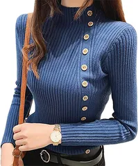 babester ベイブスター レディース リブ ニット セーター カットソー トップス ロング スリーブ シャツ フリーサイズ ニットソー ハイネック タートルネック コーヒー 茶色 シンプル 無地 タイト( ネイビー,  Free Size)