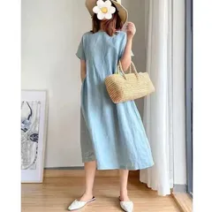 ワンピース   レディース 半袖 マキシワンピ ゆったり ロング丈 綿麻混 体型カバー ナチュラル シンプル デート 着痩せ 森ガール 大きいサイズ  6色 夏 カジュアル 無地 cbrx945