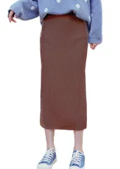 Size:Free Size_Color:モカブラウン [アイカ] ニットスカート タイトスカート Iラインスカート ペンシルスカート ミモレスカート ミモレ丈 スリット 暖かい リブ編み ニット 無地 レディース 1サイズ(M～L) モカブラウン