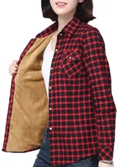 【カナエルン】 レディース 長袖 ファッション 裏起毛 ボア 極暖 ヒートテック ダンガリー シャツ チェック ネルシャツ シャギー 重ね着 寒さ対策 厚着 厚手 フランネル コットン 綿 チェックシャツ 部屋着 防寒 チェック柄 ルームウ [レッド] [M]