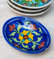 ジャイプール陶器のソープディッシュ - 紺色 / ソープディッシュ 石鹸 皿 せっけん 洗面 小物置き 陶器 ブルーポッ