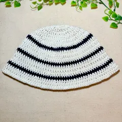 SS-15 春夏用 クラッシャーハット コットン バケットハット 男女兼用 ハンドメイド 手編み  クロシェハット オフホワイトXネイビー
